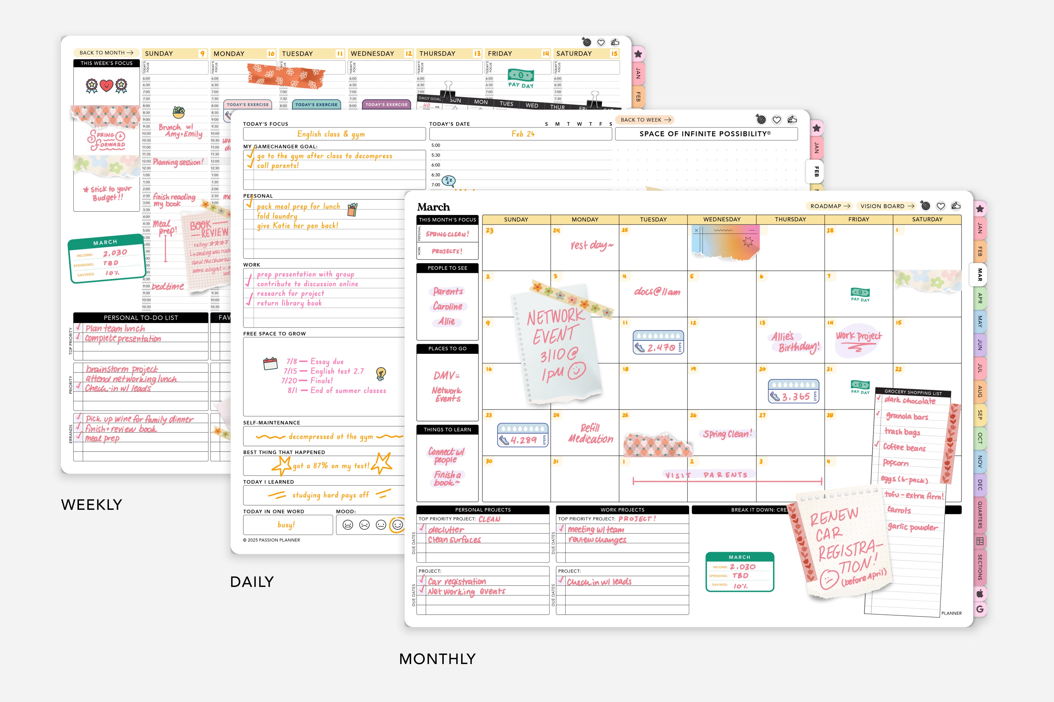 monthly, weekly, and daily planner layouts