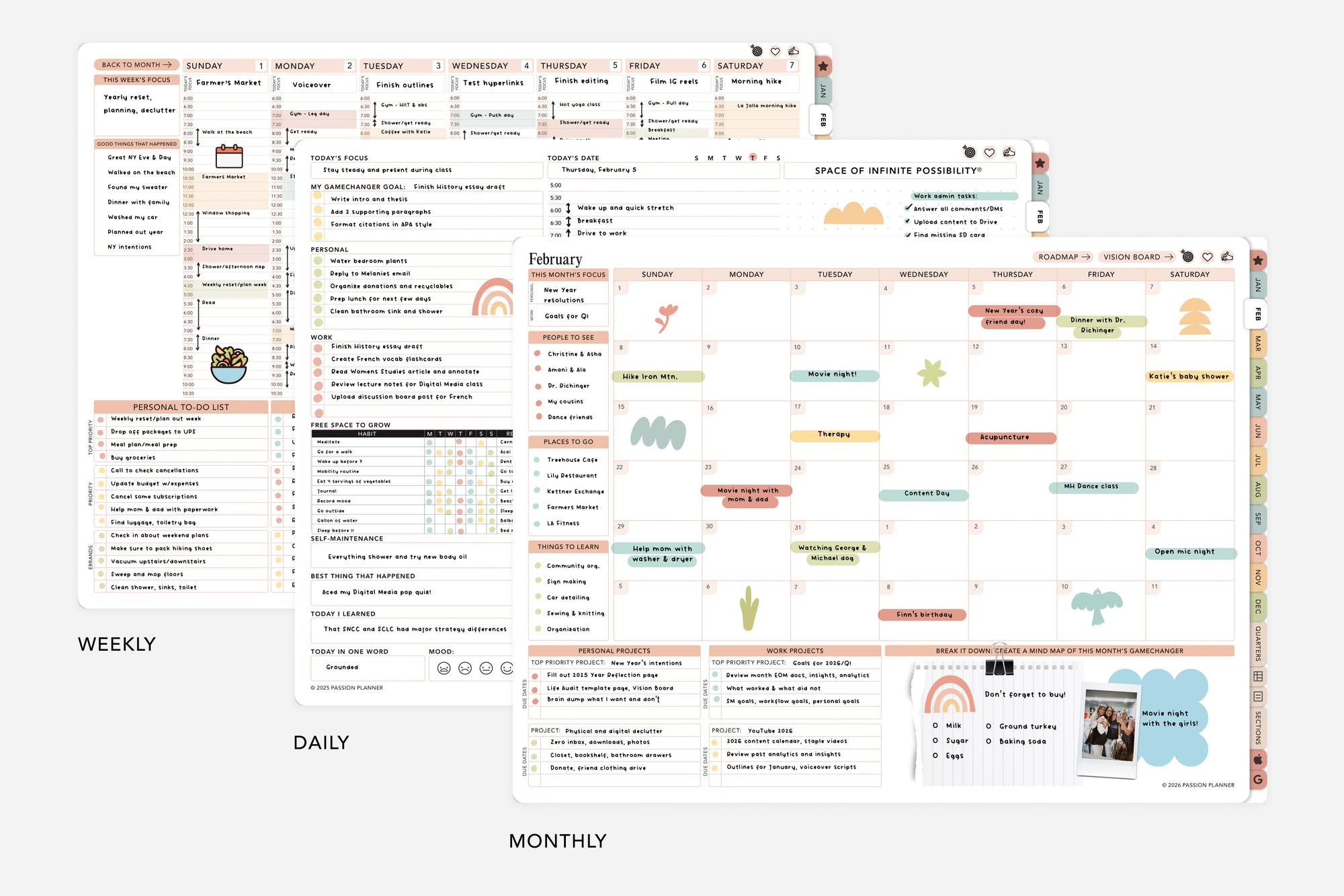 Multifunctional planner with weekly, daily, and monthly schedules on a white background