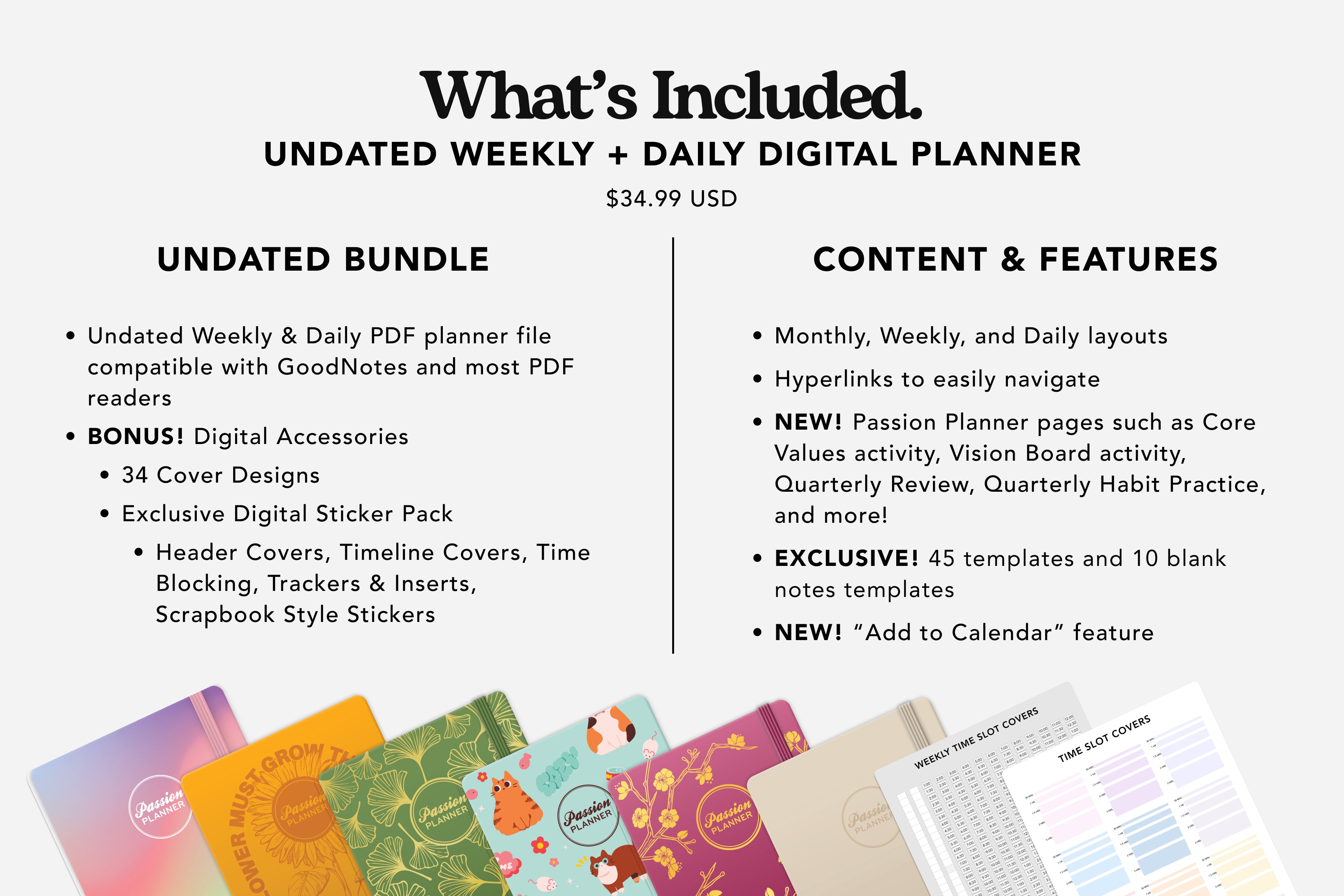 Undated weekly and daily planner details