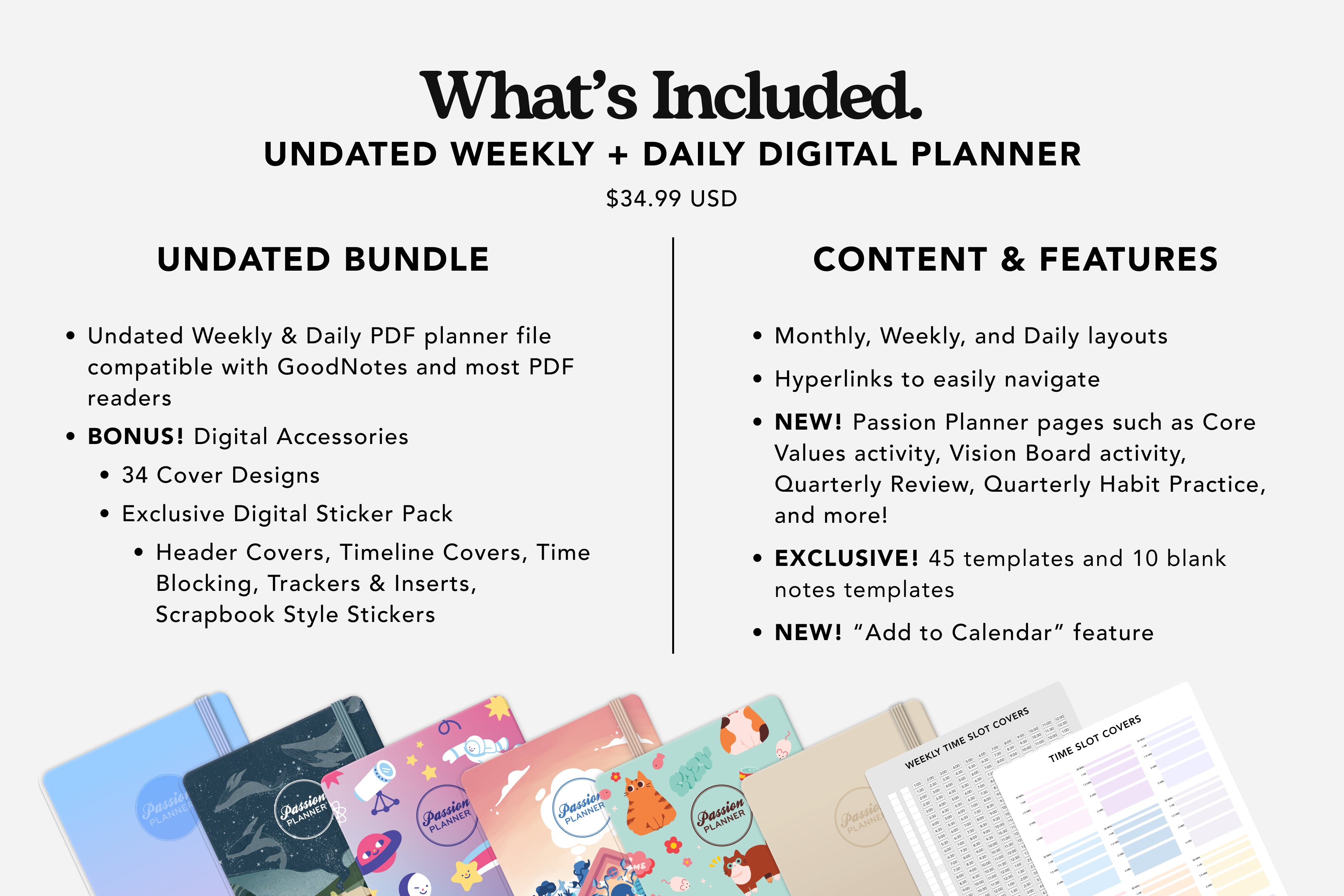 Undated weekly and daily planner details