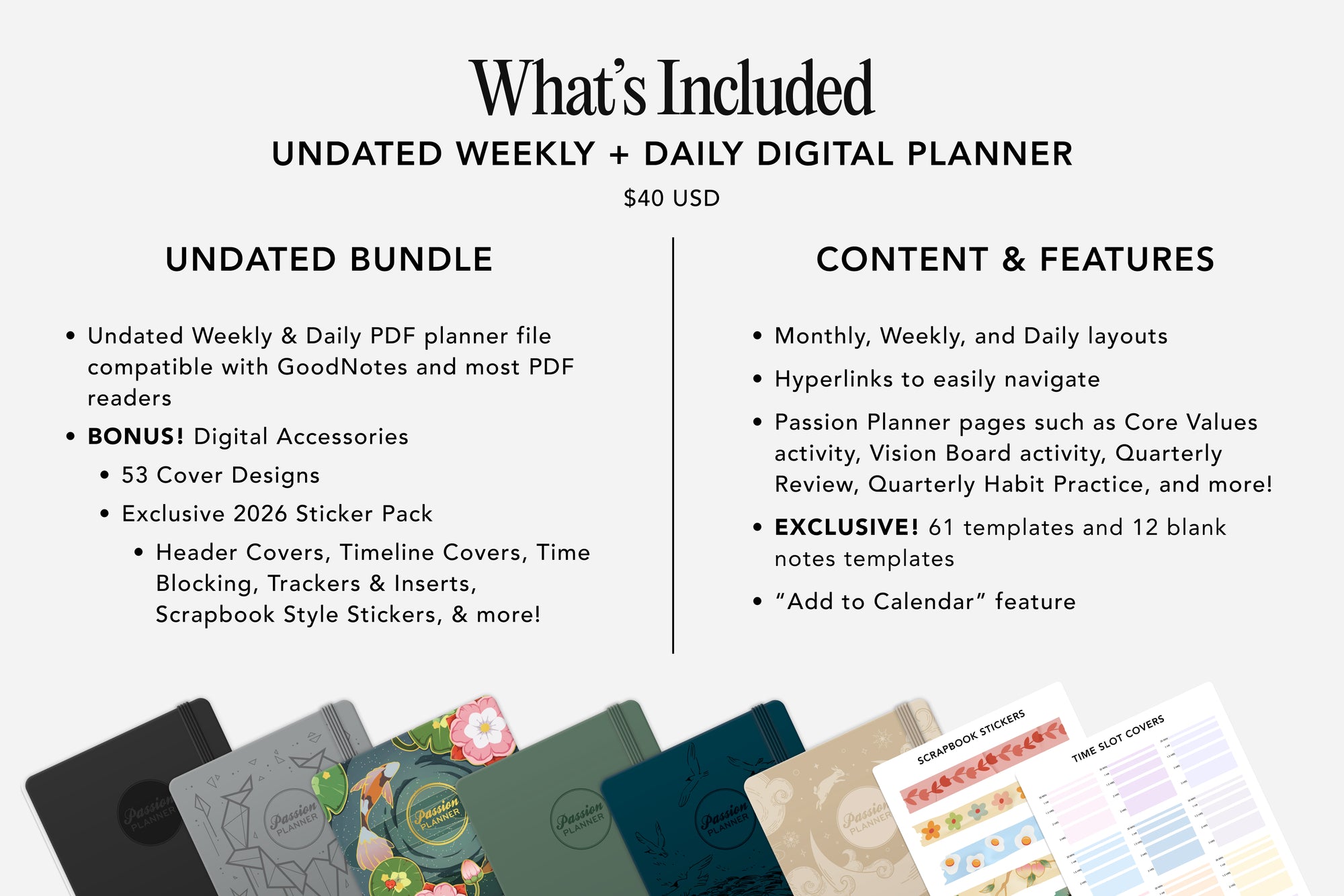 Product description of an undated weekly and daily digital planner with features and pricing.