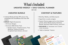 Product description of an undated weekly and daily digital planner with features and pricing.