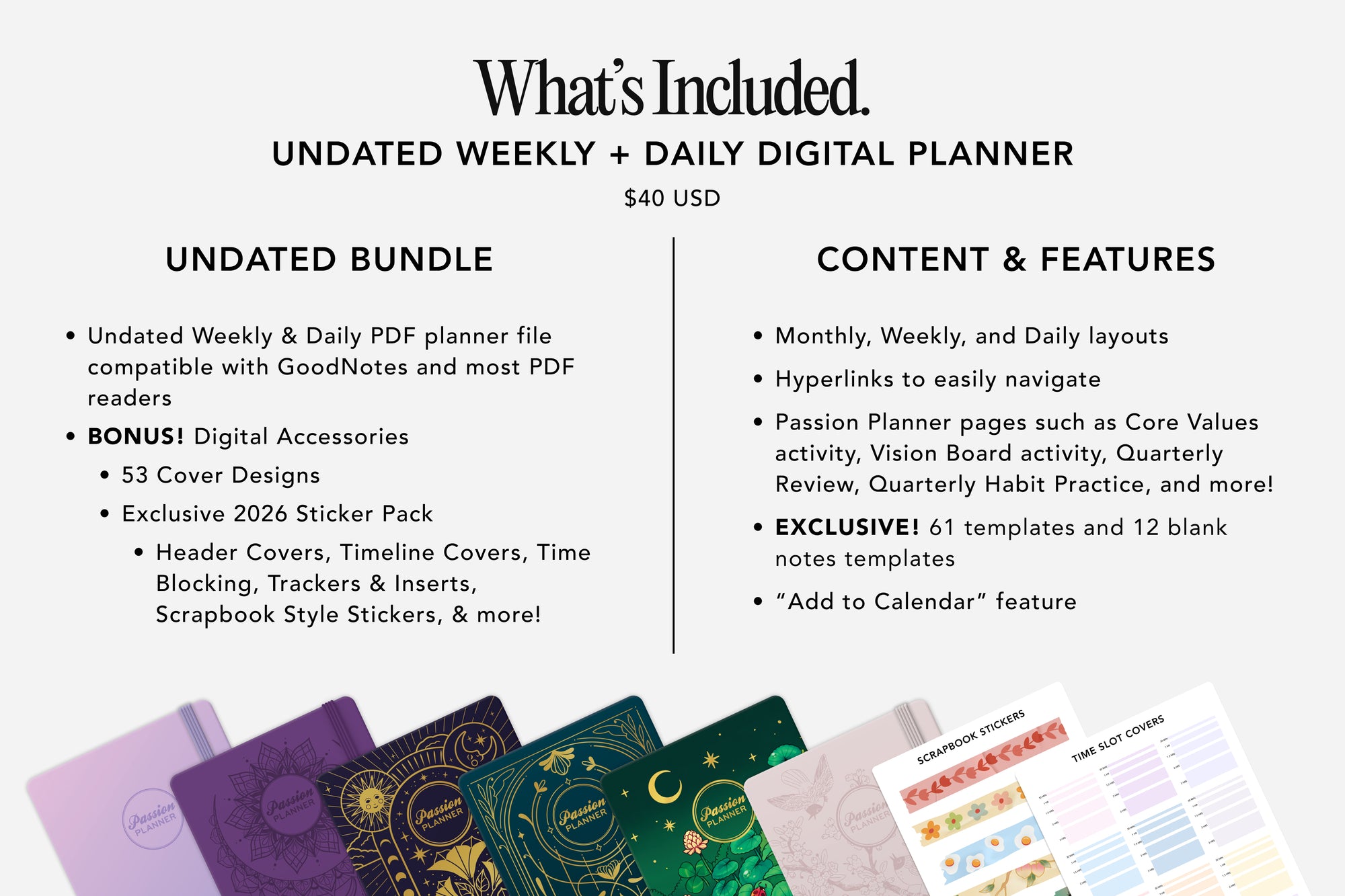 Digital planner bundle with cover designs and features listed on a white background.