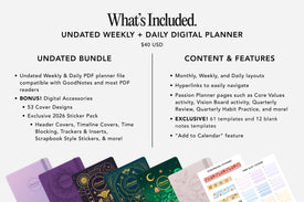 Digital planner bundle with cover designs and features listed on a white background.
