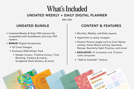 Digital planner product description with colorful planner covers and text detailing features.