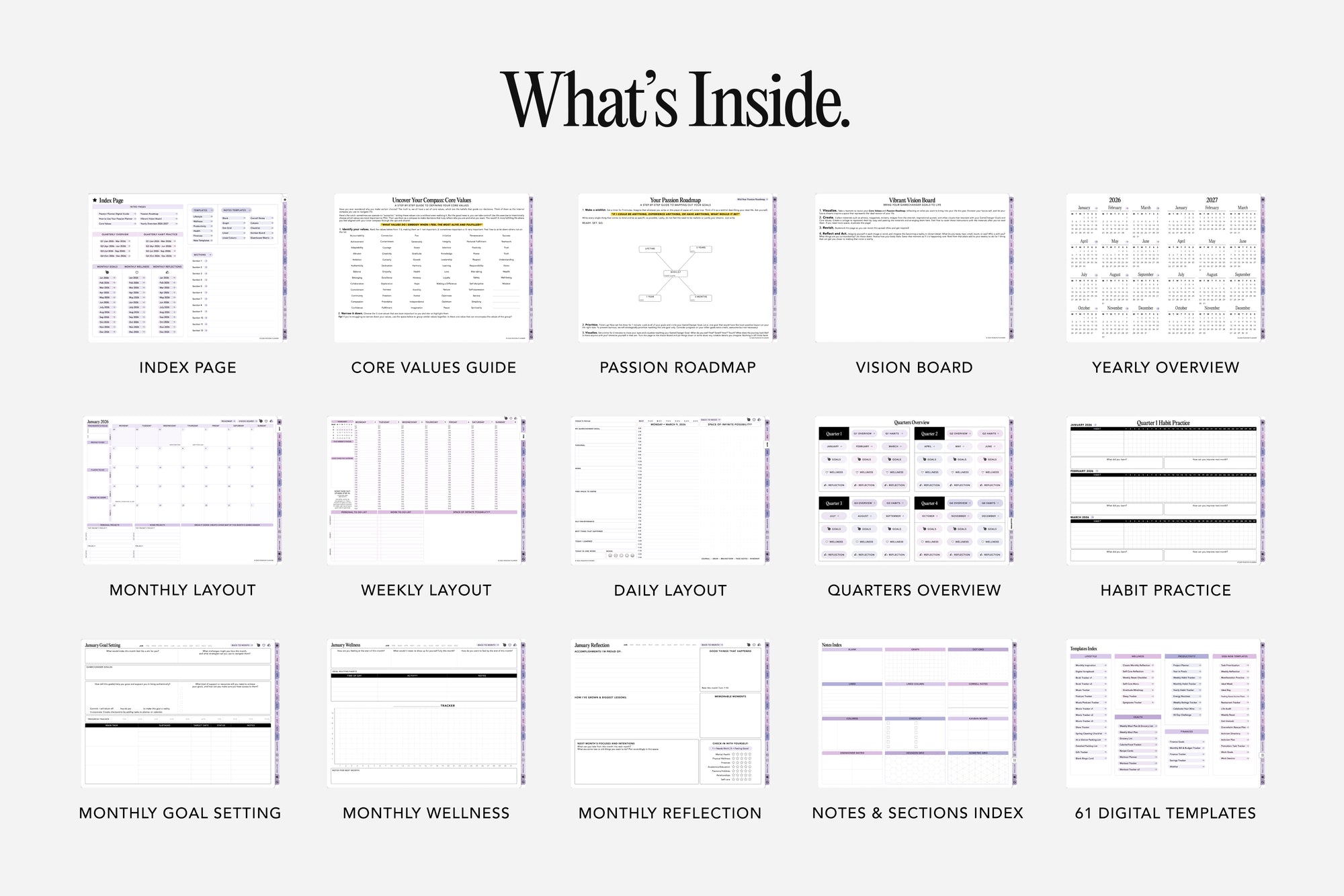 Pages of a digital planner with various sections on a white background.