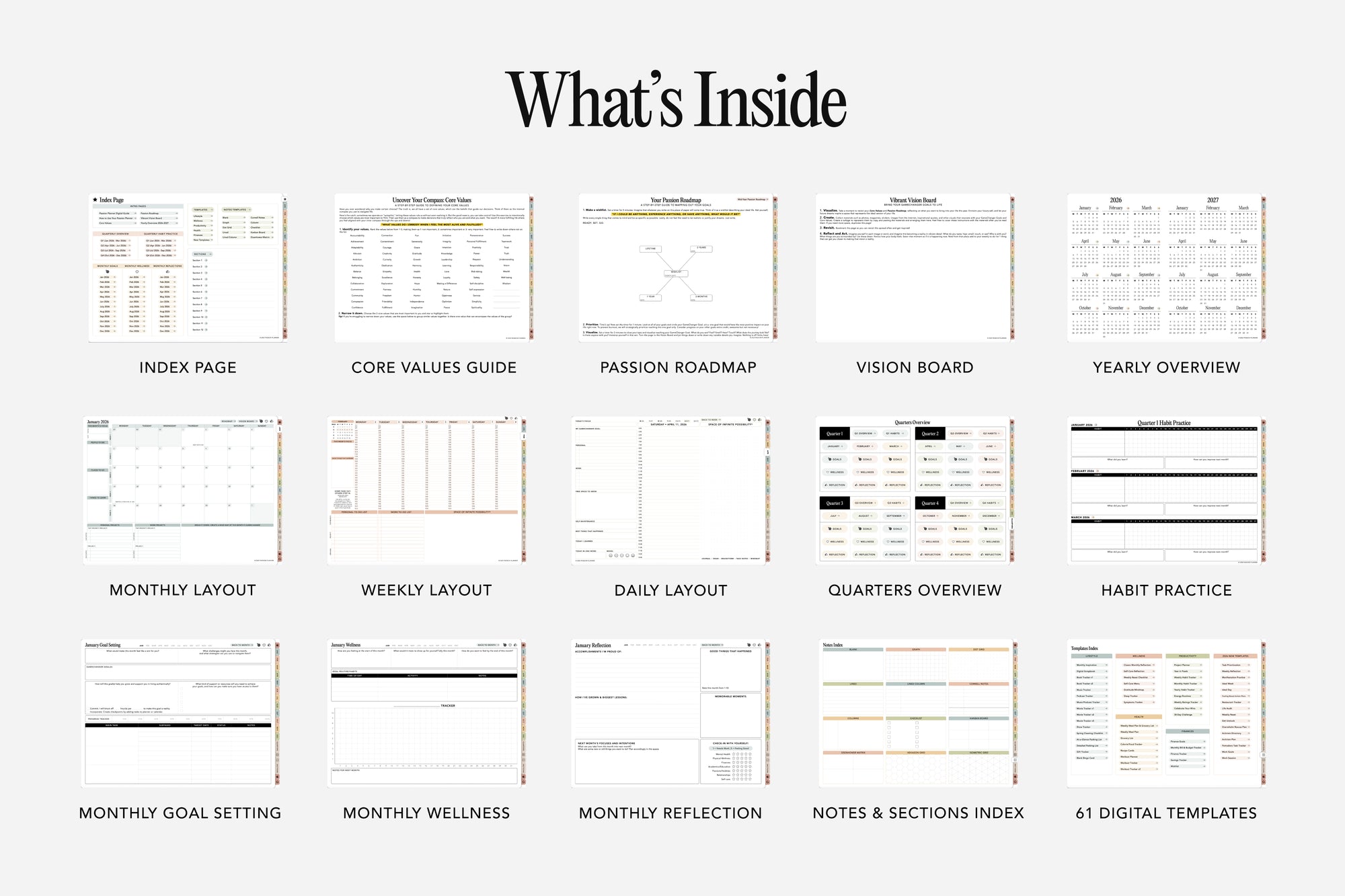 Pages of a digital planner tool with various sections on a white background.