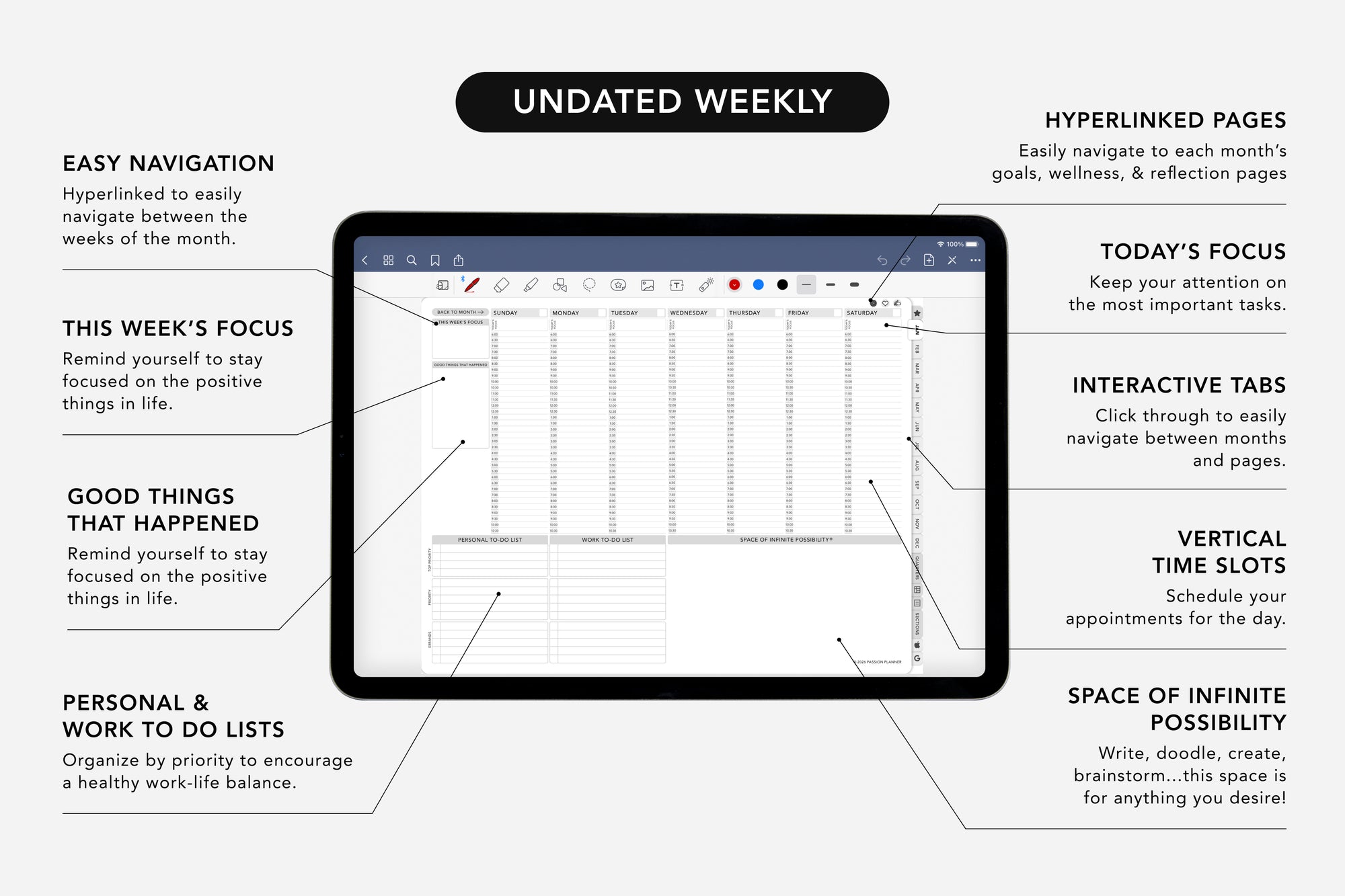 Digital planner app interface with tablet displaying app features on a white background