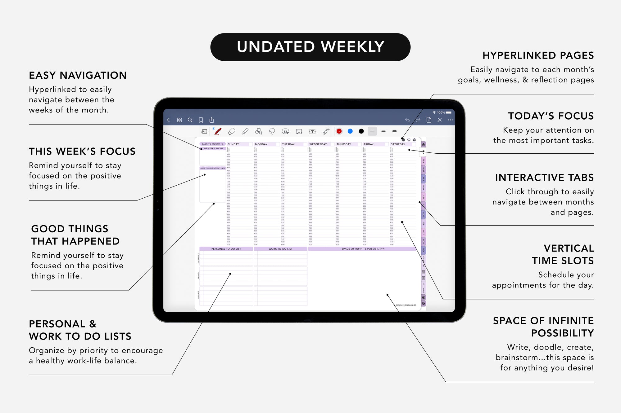 Digital planner app interface with tablet displaying a weekly schedule on a white background