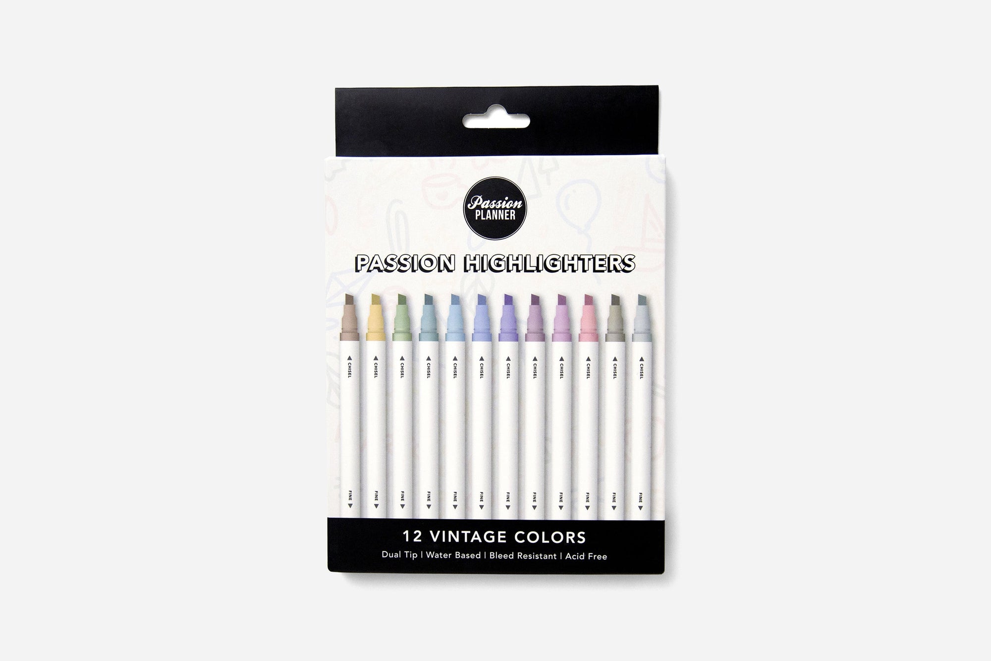 A box of 12 vintage passion highlighters on a white background