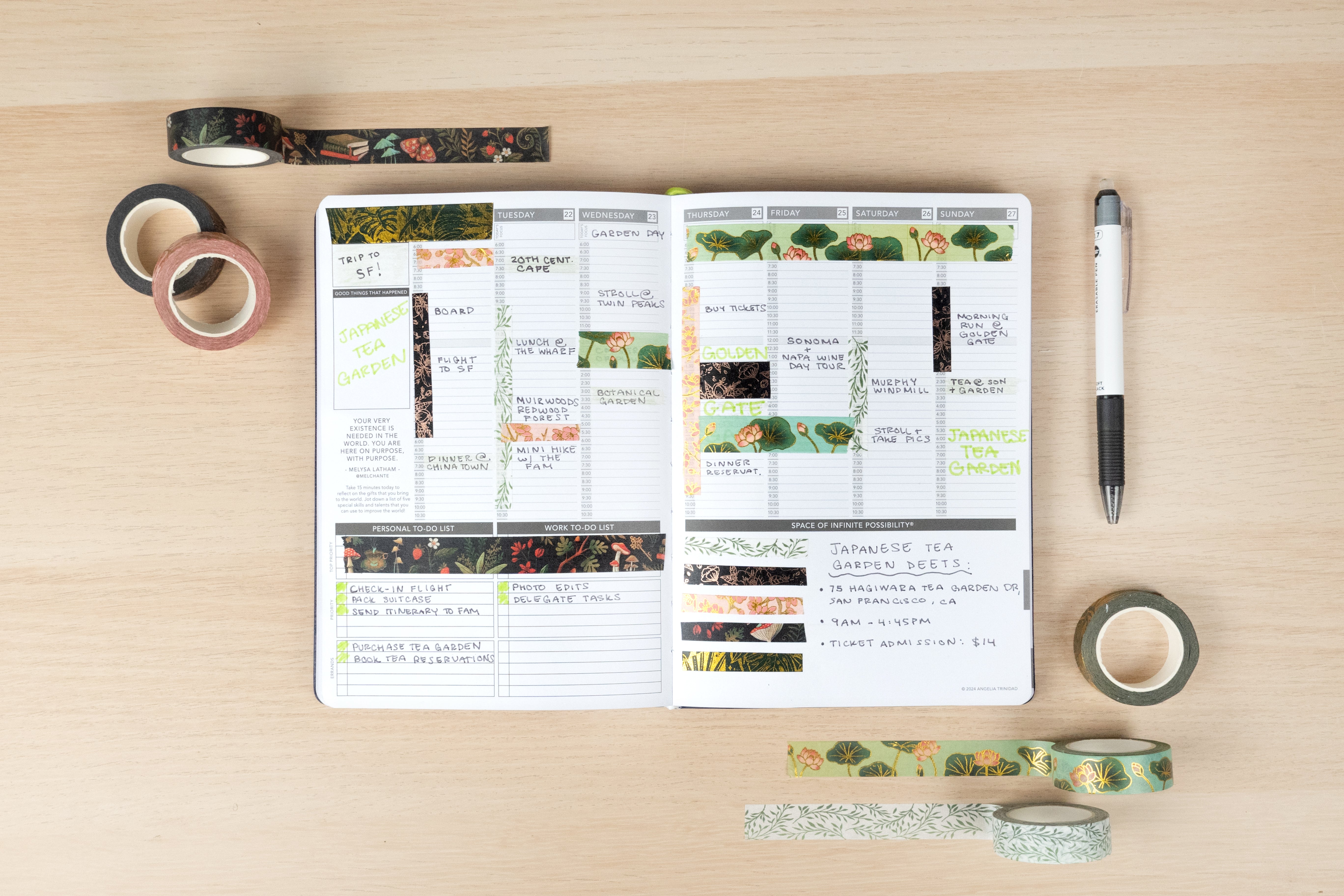 weekly planner with golden nature set washi tape