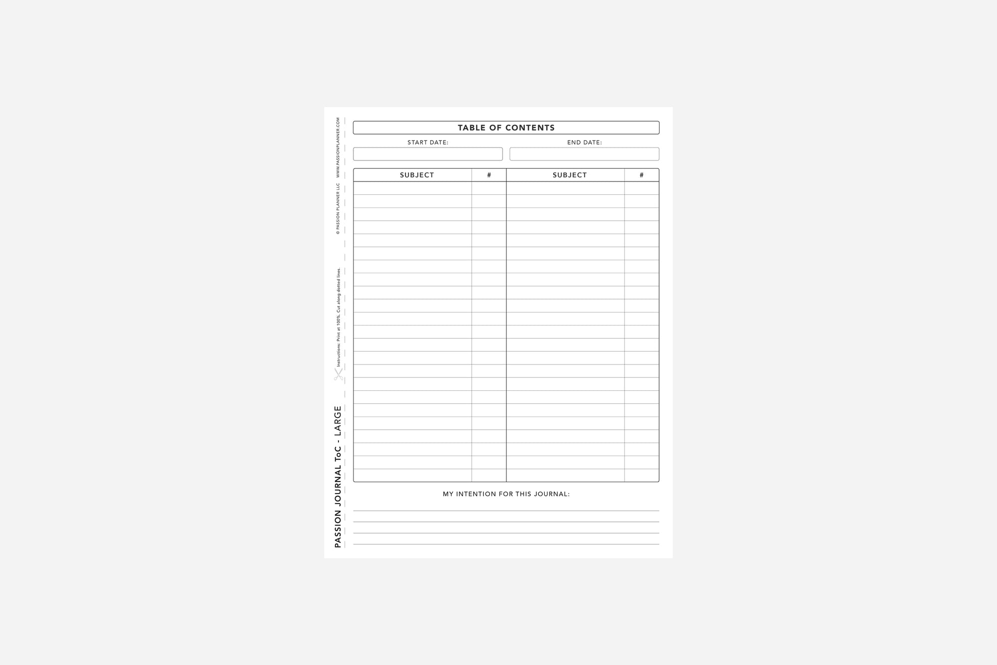Passion Journal Table of Contents