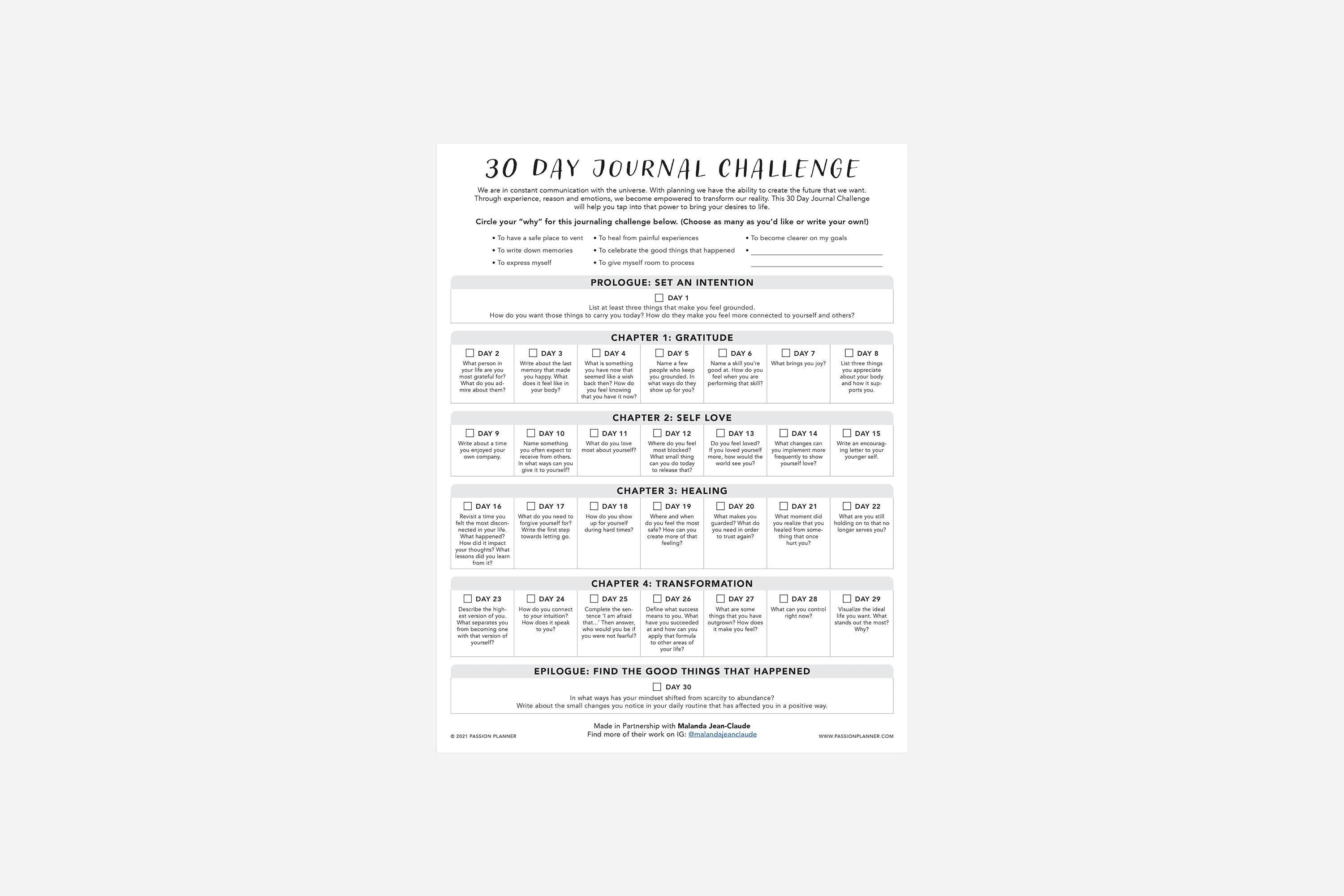 30 Day Journal Challenge PDF | Free Printable | Passion Planner