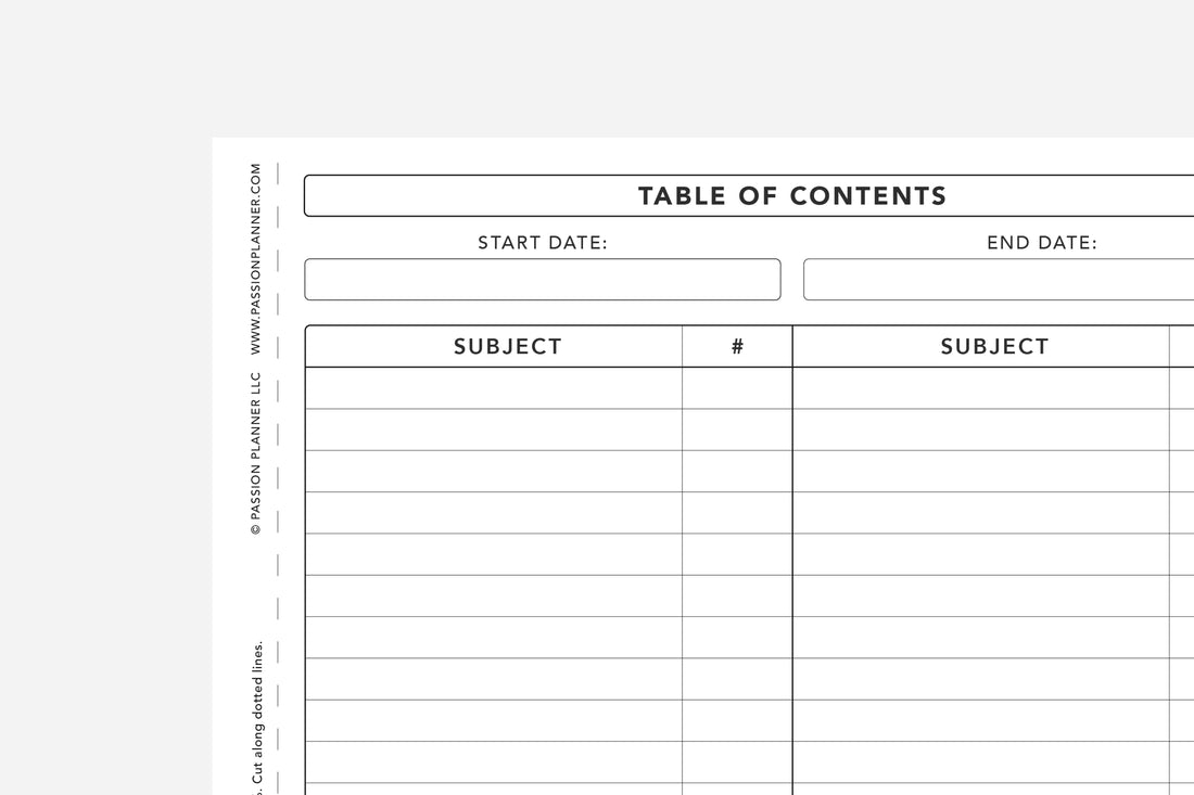Passion Journal Table of Contents