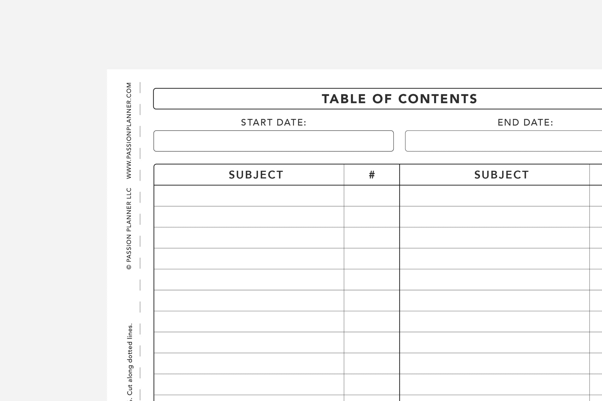 Passion Journal Table of Contents