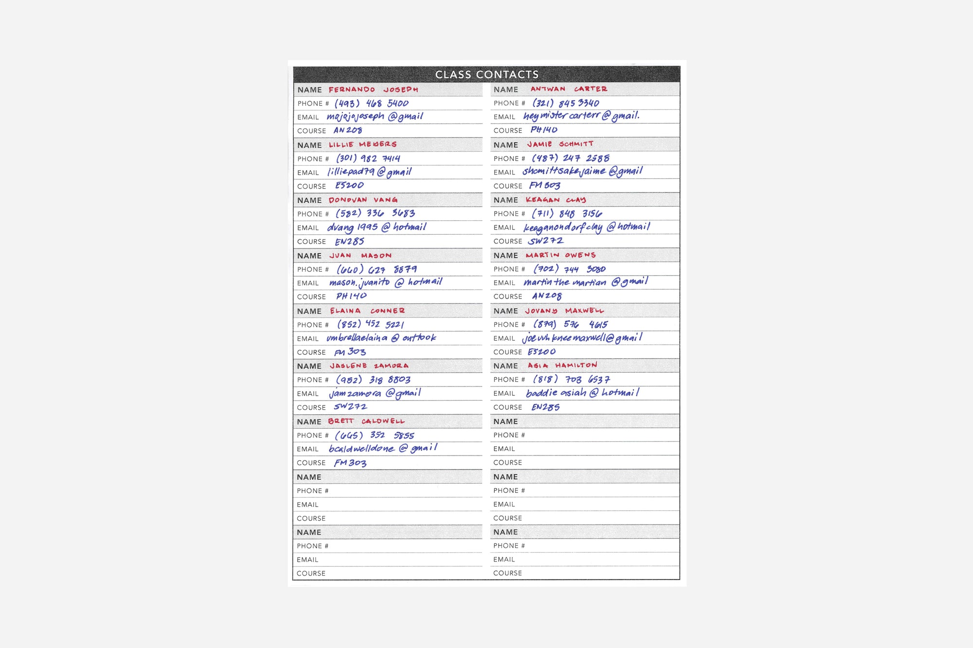 Class Contacts PDF | Free Printable | Passion Planner