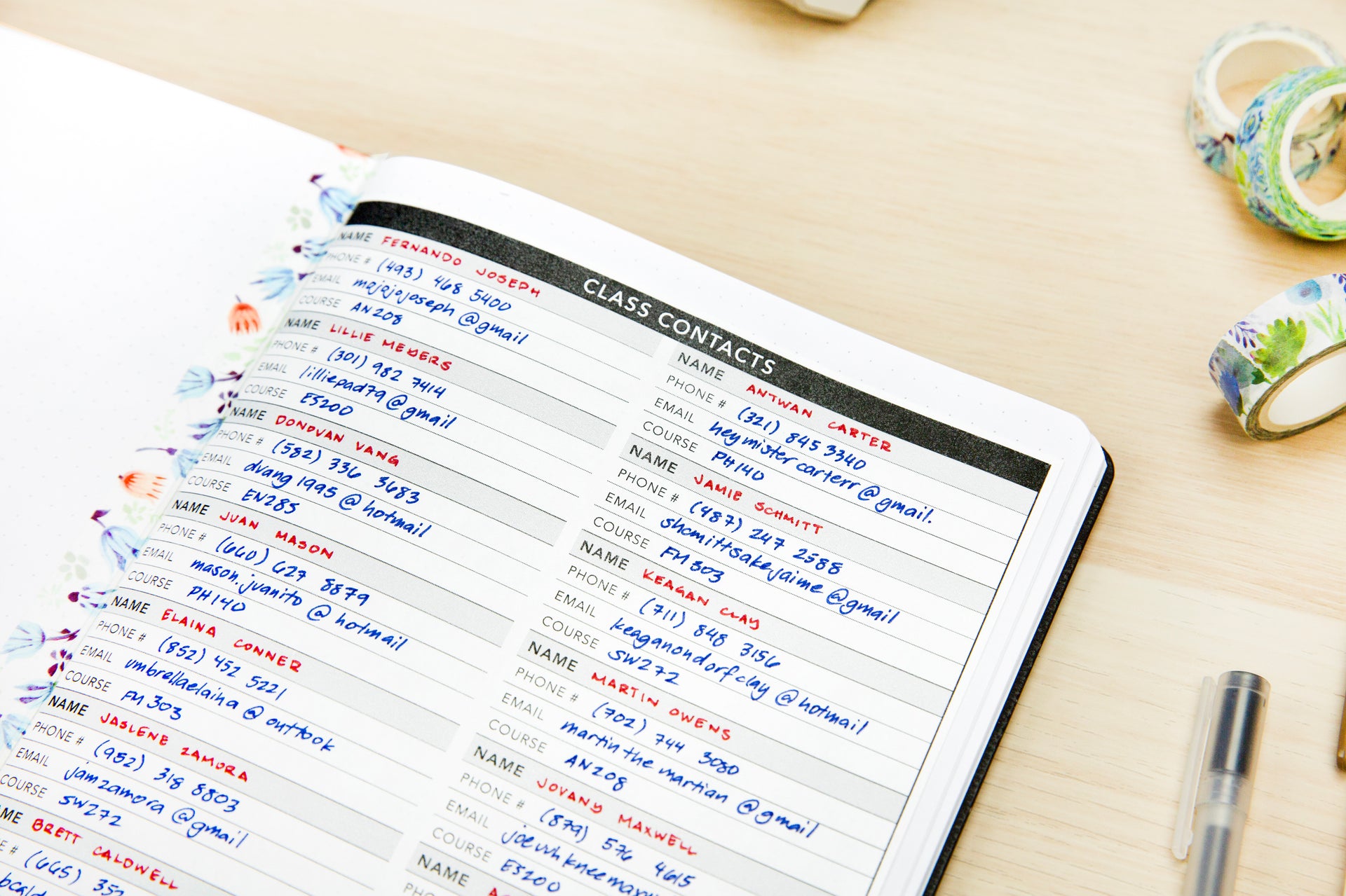 Class Contacts PDF | Free Printable | Passion Planner