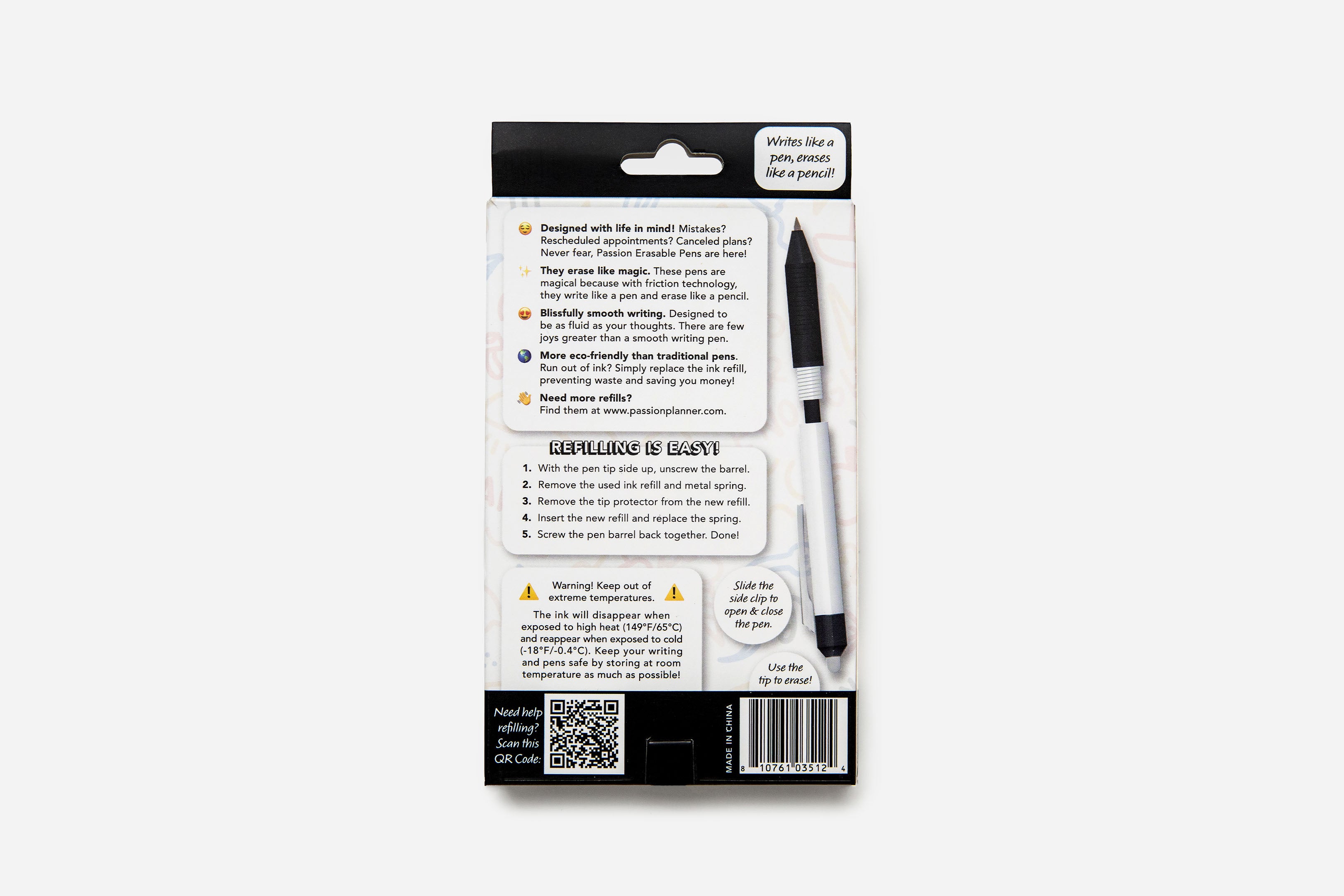 Passion Erasable Pens Starter Pack - Soft Black (6 Pens + 8 Refills)
