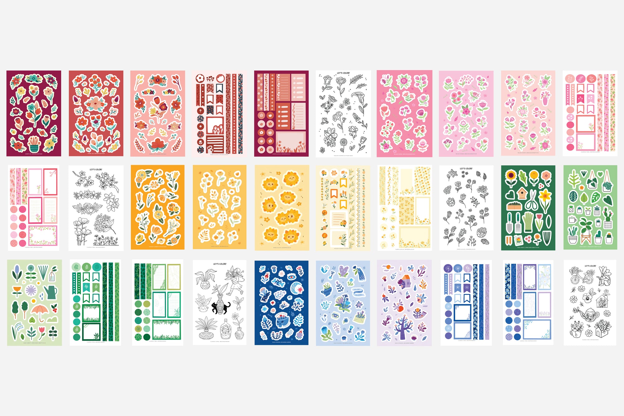 30 sticker sheets in various colors with floral designs