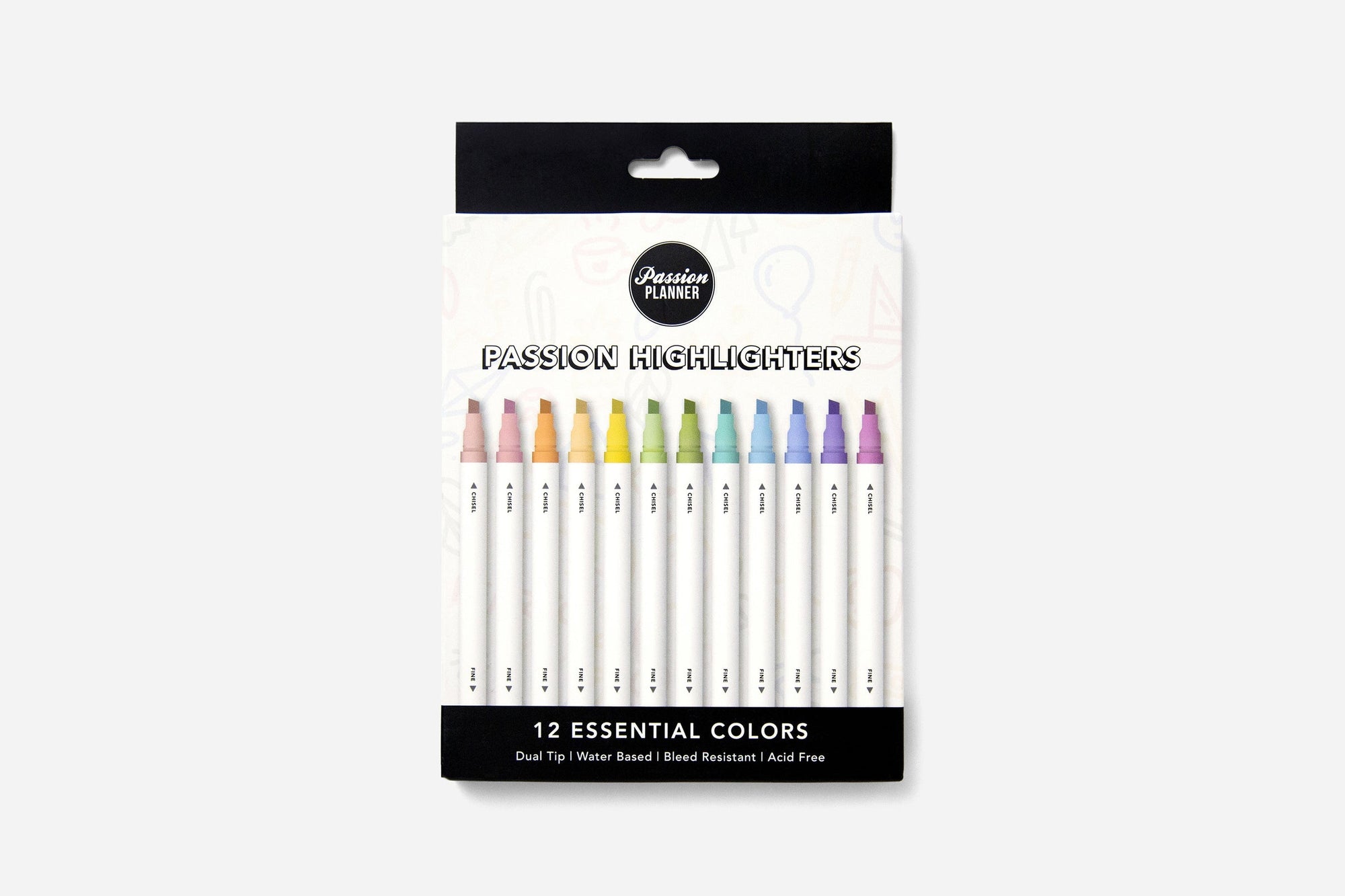 Passion Highlighters 12 essential colors box on a white background
