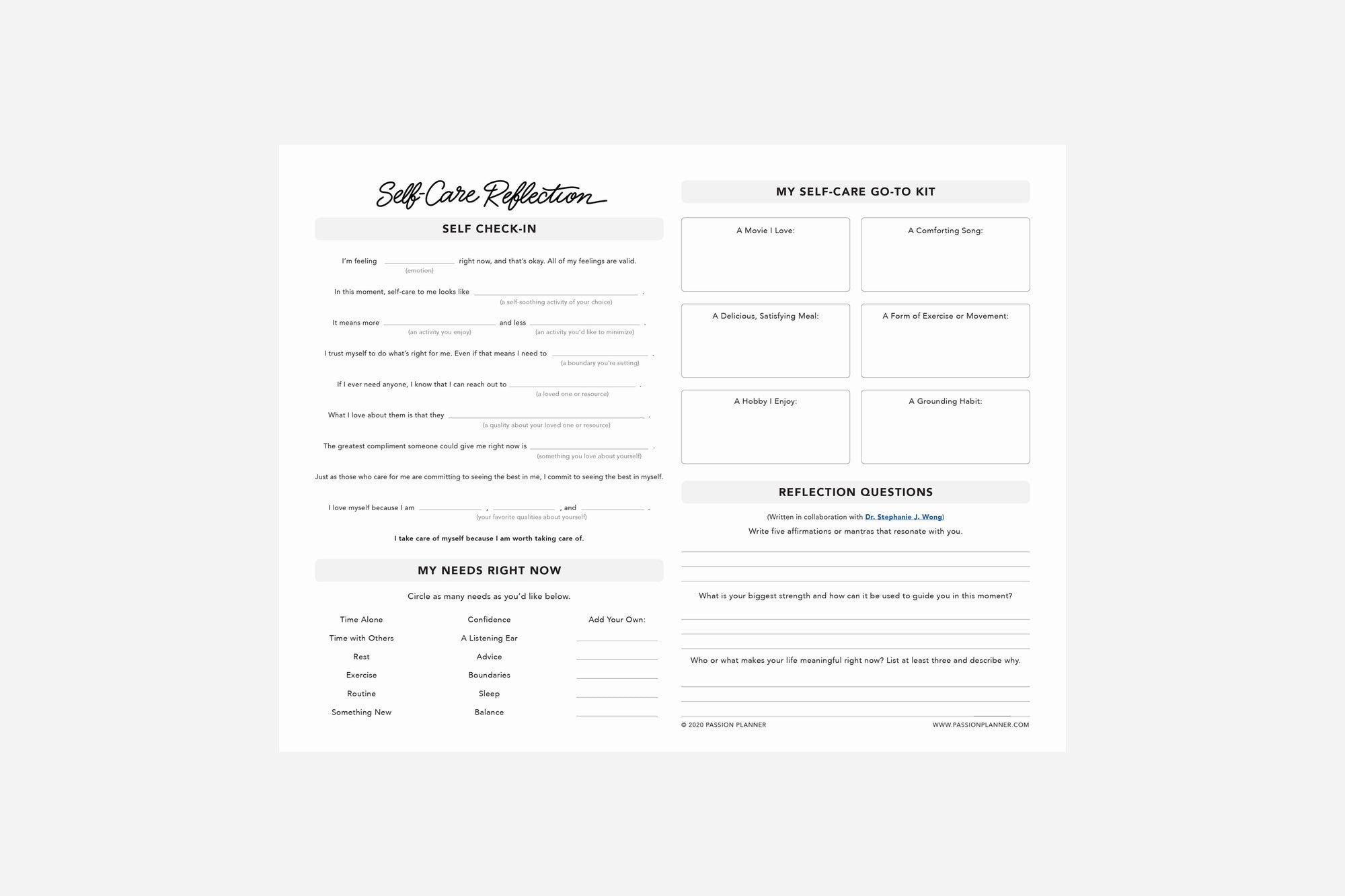 Self-Care Reflection - Passion Planner