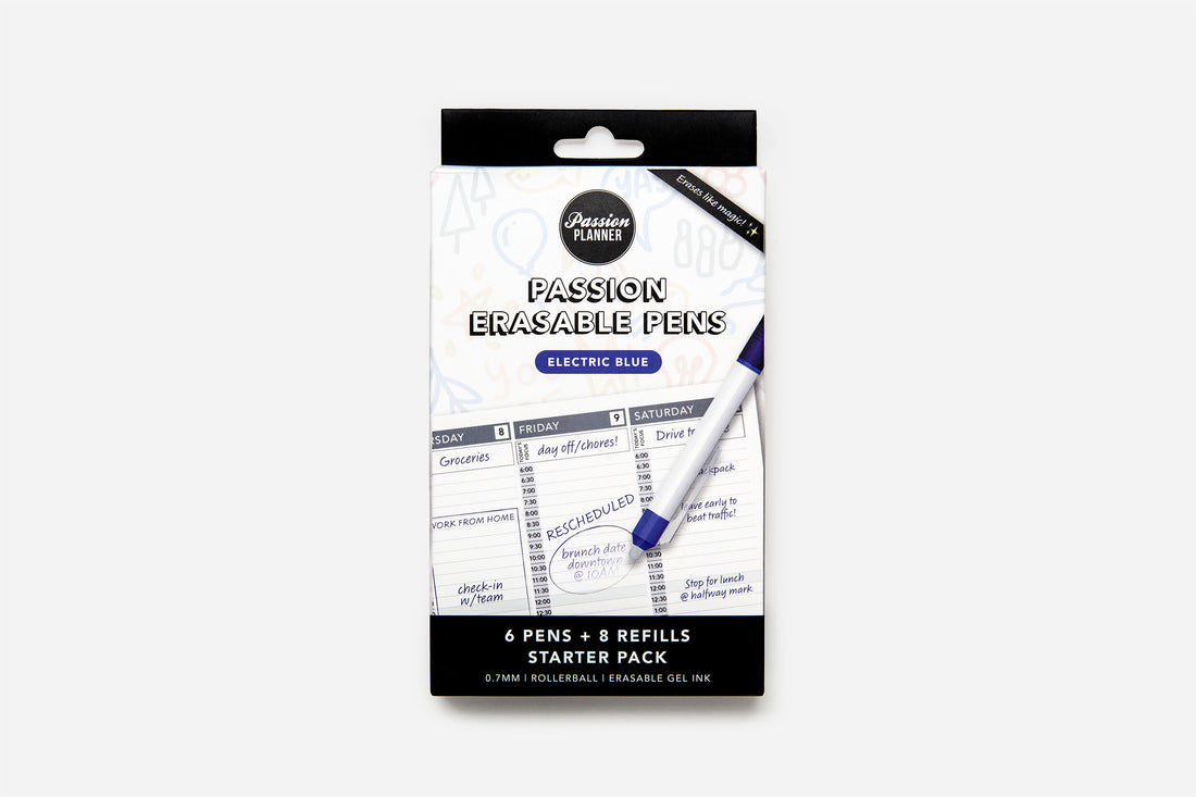 Packaging of Passion Erasable Pens Starter Pack with six pens and eight refills in electric blue color.
