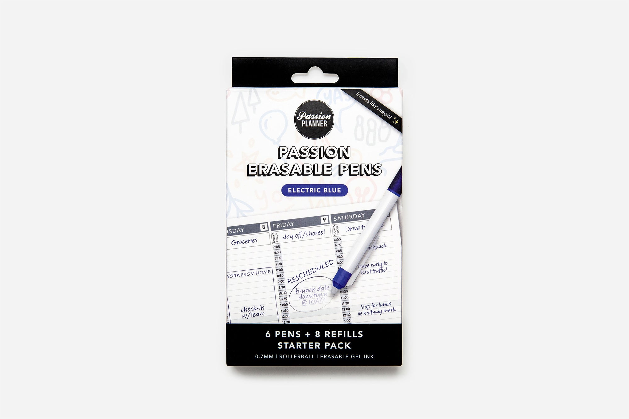 Packaging of Passion Erasable Pens Starter Pack with six pens and eight refills in electric blue color.
